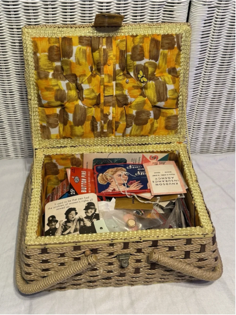 Vintage Retro Sewing Box Wicker Fabric Top Double Handle + Contents - NOTIONS